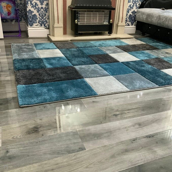 Brooklyn 646 Modern Geometric Tile Blocks Soft Hand Carved Bluegreycream Rug Lowest Price £59 8507