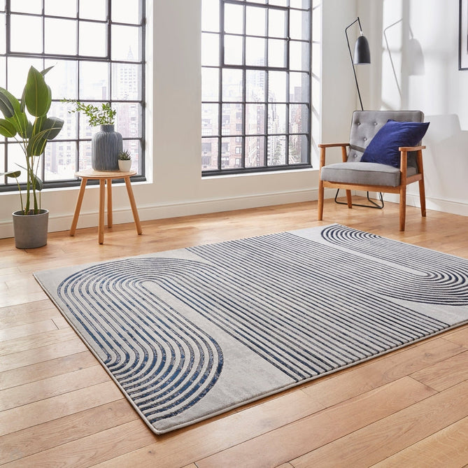 Apollo 2683 Modern Geometric Swirl Distressed Metallic Shimmer High-Density Textured Flat Pile Grey/Navy/Cream Rug-Think Rugs-Rug Love - The Most Loved Rug Store