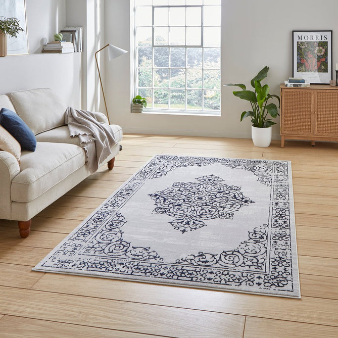 Artemis B9076A Traditional Medallion Border Distressed Metallic Shimmer Textured High-Density Soft-Touch Silver/Blue/Cream Rug-Think Rugs-Rug Love - The Most Loved Rug Store