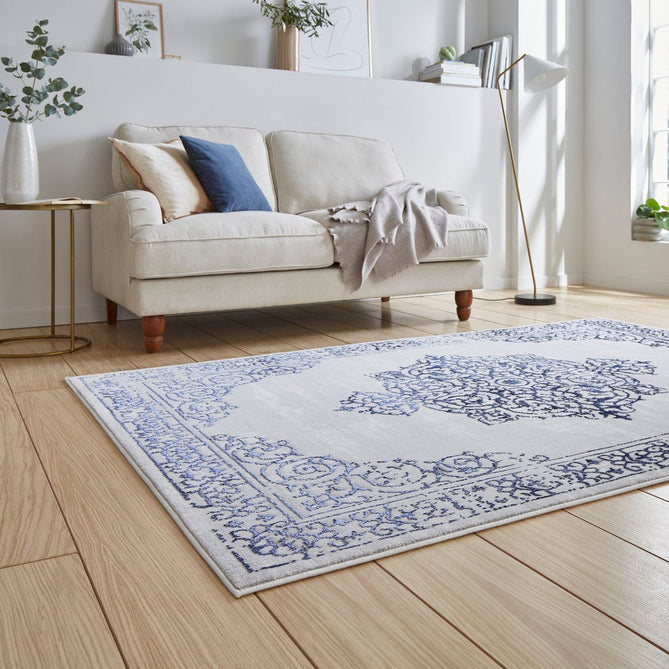 Artemis B9076A Traditional Medallion Border Distressed Metallic Shimmer Textured High-Density Soft-Touch Silver/Blue/Cream Rug-Think Rugs-Rug Love - The Most Loved Rug Store