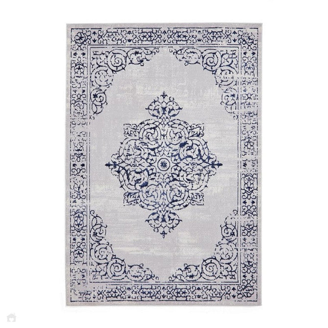 Artemis B9076A Traditional Medallion Border Distressed Metallic Shimmer Textured High-Density Soft-Touch Silver/Blue/Cream Rug-Think Rugs-Rug Love - The Most Loved Rug Store