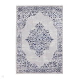 Artemis B9076A Traditional Medallion Border Distressed Metallic Shimmer Textured High-Density Soft-Touch Silver/Blue/Cream Rug