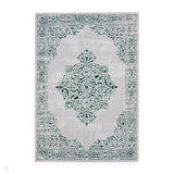 Artemis B9076A Traditional Medallion Border Distressed Metallic Shimmer Textured High-Density Soft-Touch Silver/Green/Cream Rug