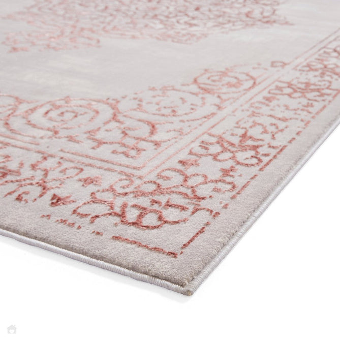 Artemis B9076A Traditional Medallion Border Distressed Metallic Shimmer Textured High-Density Soft-Touch Silver/Rose Pink/Cream Rug-Think Rugs-Rug Love - The Most Loved Rug Store