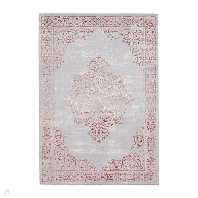 Artemis B9076A Traditional Medallion Border Distressed Metallic Shimmer Textured High-Density Soft-Touch Silver/Rose Pink/Cream Rug-Think Rugs-Rug Love - The Most Loved Rug Store