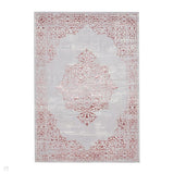 Artemis B9076A Traditional Medallion Border Distressed Metallic Shimmer Textured High-Density Soft-Touch Silver/Rose Pink/Cream Rug