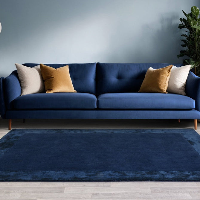 Ascot Modern Plain Hand-Woven Wool Centred Loop Pile Metallic Shimmer Wide Viscose Border Navy Blue Rug-Asiatic Carpets-Rug Love - The Most Loved Rug Store