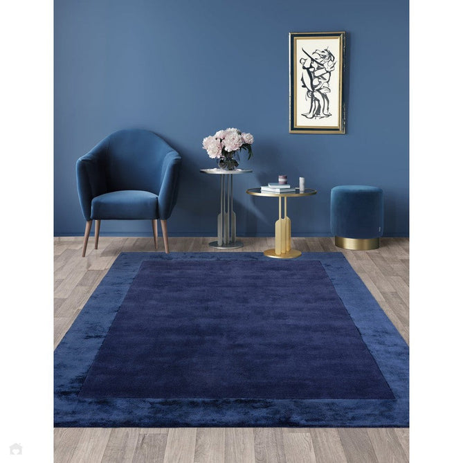 Ascot Modern Plain Hand-Woven Wool Centred Loop Pile Metallic Shimmer Wide Viscose Border Navy Blue Rug-Asiatic Carpets-Rug Love - The Most Loved Rug Store