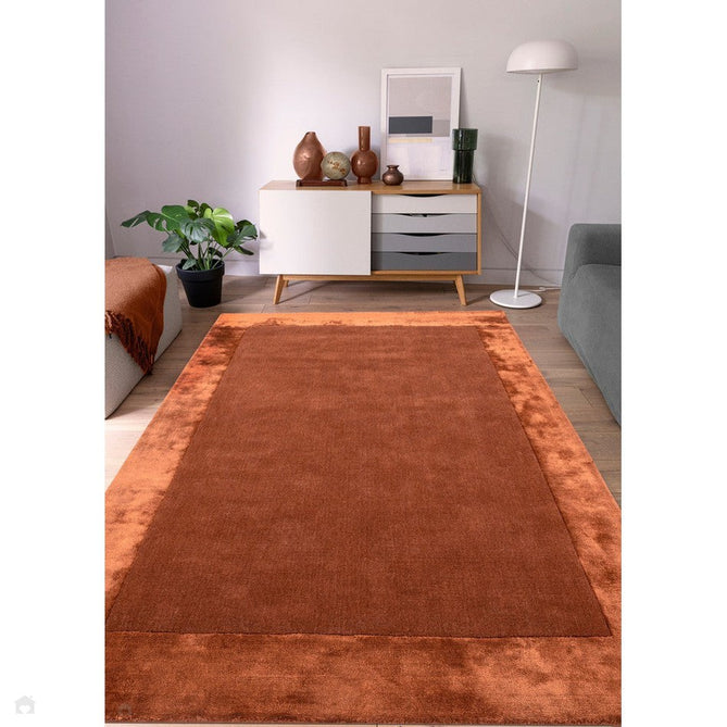 Ascot Modern Plain Hand-Woven Wool Centred Loop Pile Metallic Shimmer Wide Viscose Border Rust Rug-Asiatic Carpets-Rug Love - The Most Loved Rug Store