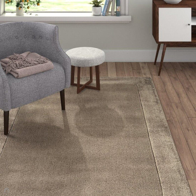 Ascot Modern Plain Hand-Woven Wool Centred Loop Pile Metallic Shimmer Wide Viscose Border Taupe Rug-Asiatic Carpets-Rug Love - The Most Loved Rug Store