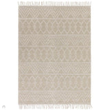 Asra Modern Boho Geometric Hand-Woven Textured Hi-Low Ribbed Bobbled Wool Fringe Flatweave Beige/Cream Rug