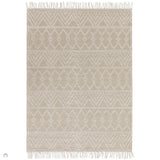 Asra Modern Boho Geometric Hand-Woven Textured Hi-Low Ribbed Bobbled Wool Fringe Flatweave Cream/Beige Rug 160 x 230cm