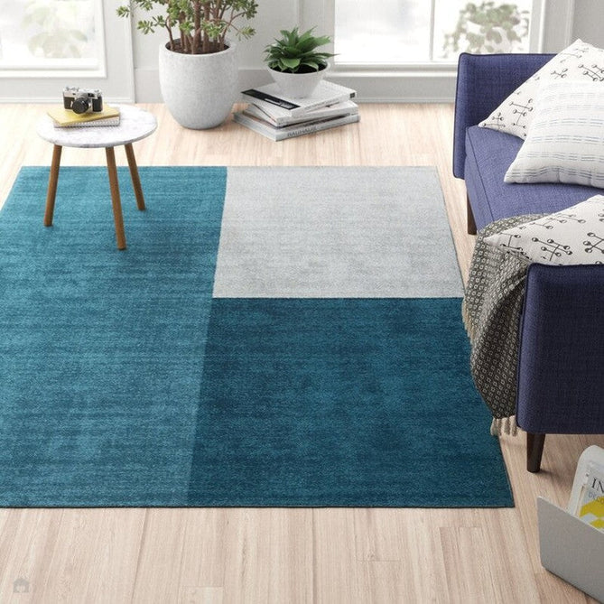 Blox Modern Plain Geometric Hand-Woven Textured Low-Pile Wool Teal/Grey Rug-Asiatic Carpets-Rug Love - The Most Loved Rug Store