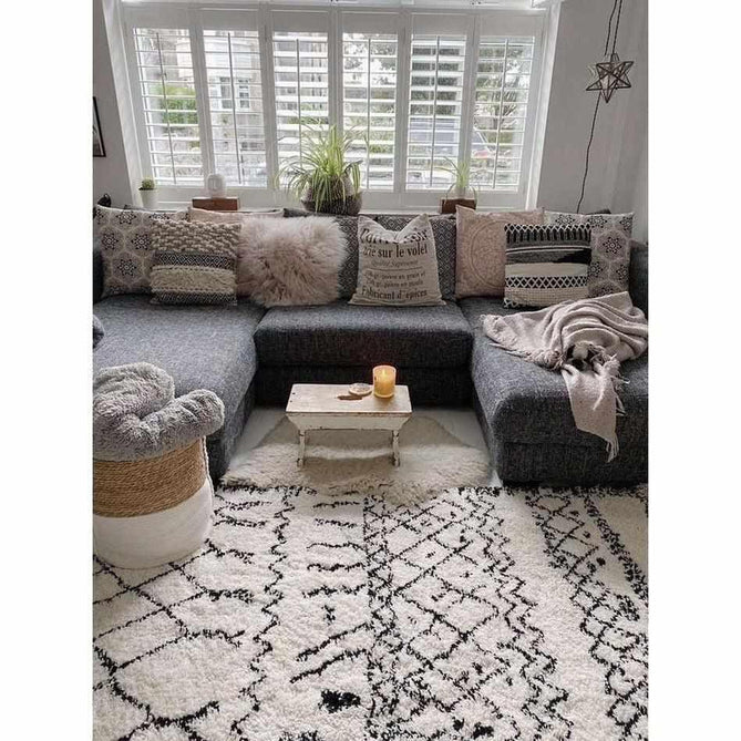 Boho 5402 Modern Moroccan Berber Soft Plush Shaggy White/Black Rug-Think Rugs-Rug Love - The Most Loved Rug Store