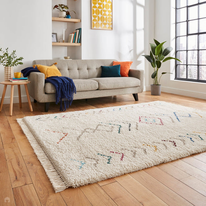 Boho A812 Modern Moroccan Berber Soft Plush Shaggy White/Multicolour Rug-Think Rugs-Rug Love - The Most Loved Rug Store