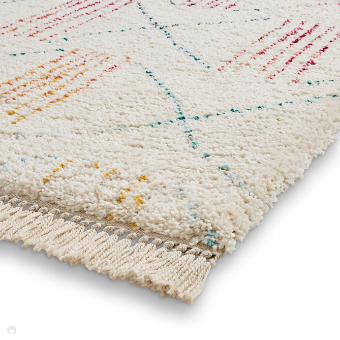 Boho A814 Tribal Modern Moroccan Berber Soft Plush Shaggy White/Multicolour Rug-Think Rugs-Rug Love - The Most Loved Rug Store