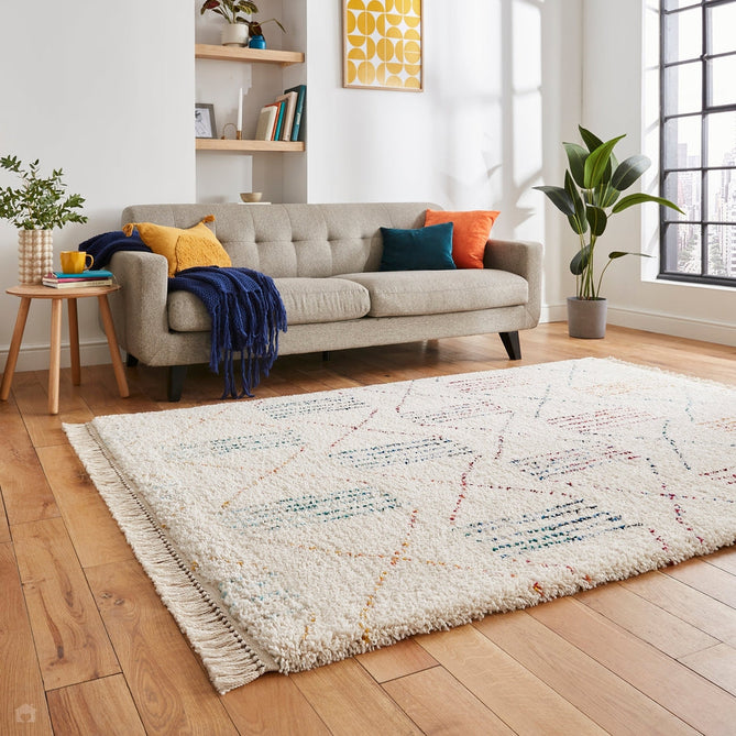 Boho A814 Tribal Modern Moroccan Berber Soft Plush Shaggy White/Multicolour Rug-Think Rugs-Rug Love - The Most Loved Rug Store