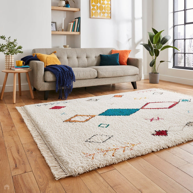 Boho A859 Traditional Moroccan Berber Soft Plush Shaggy White/Multicolour Rug-Think Rugs-Rug Love - The Most Loved Rug Store