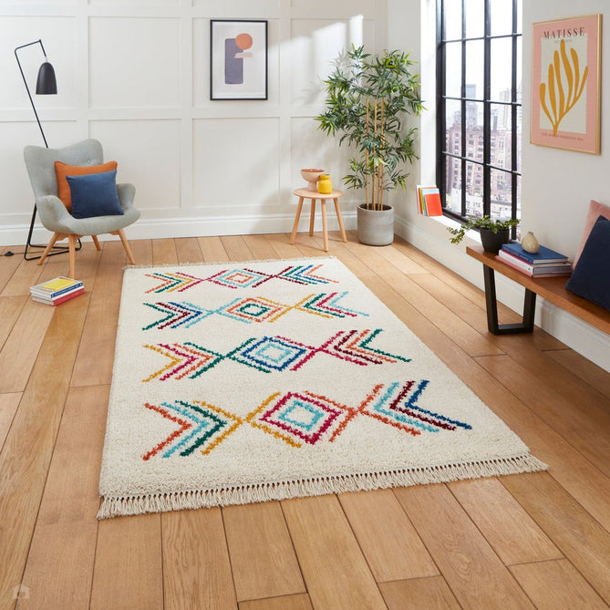 Boho C444 Geometric Modern Moroccan Berber Soft Plush Shaggy White/Multicolour Rug-Think Rugs-Rug Love - The Most Loved Rug Store