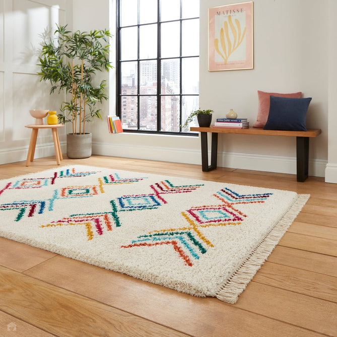 Boho C444 Geometric Modern Moroccan Berber Soft Plush Shaggy White/Multicolour Rug-Think Rugs-Rug Love - The Most Loved Rug Store