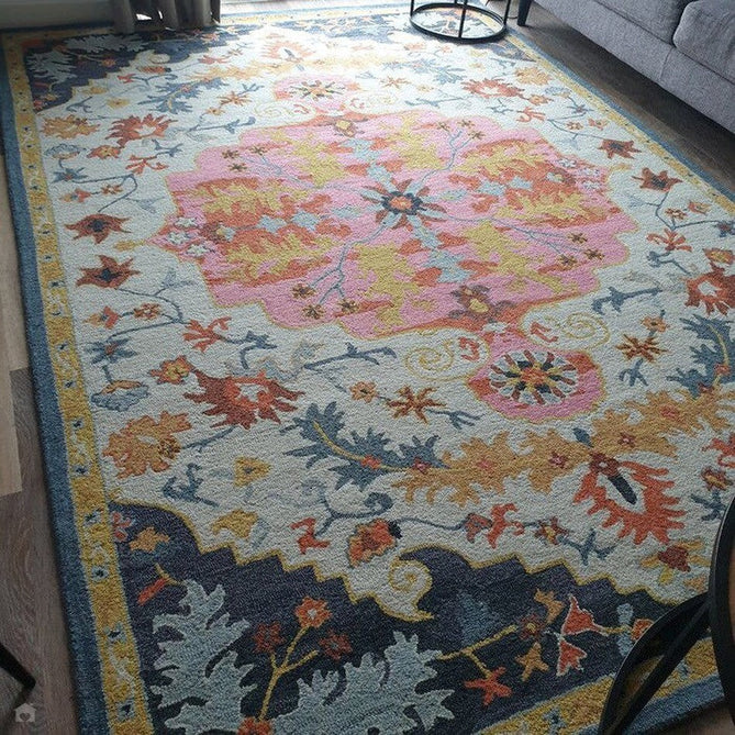 Bronte Traditional Persian Medallion Bordered Hand-Woven Textured Fine Loop Wool Pile Multicolour Rug-Asiatic Carpets-Rug Love - The Most Loved Rug Store