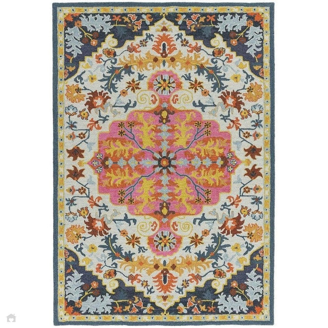 Bronte Traditional Persian Medallion Bordered Hand-Woven Textured Fine Loop Wool Pile Multicolour Rug-Asiatic Carpets-Rug Love - The Most Loved Rug Store