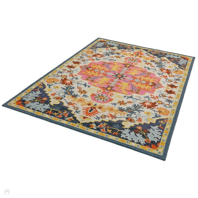 Bronte Traditional Persian Medallion Bordered Hand-Woven Textured Fine Loop Wool Pile Multicolour Rug-Asiatic Carpets-Rug Love - The Most Loved Rug Store