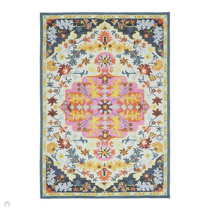 Bronte Traditional Persian Medallion Bordered Hand-Woven Textured Fine Loop Wool Pile Multicolour Rug-Asiatic Carpets-Rug Love - The Most Loved Rug Store