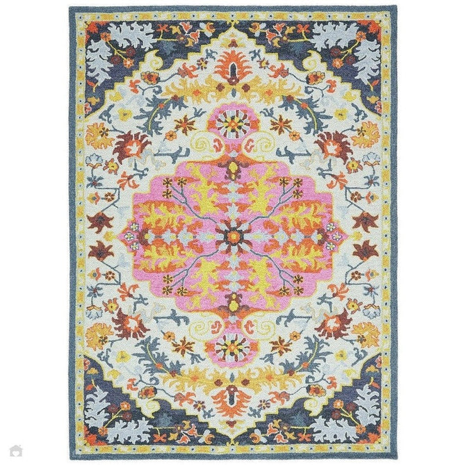 Bronte Traditional Persian Medallion Bordered Hand-Woven Textured Fine Loop Wool Pile Multicolour Rug-Asiatic Carpets-Rug Love - The Most Loved Rug Store