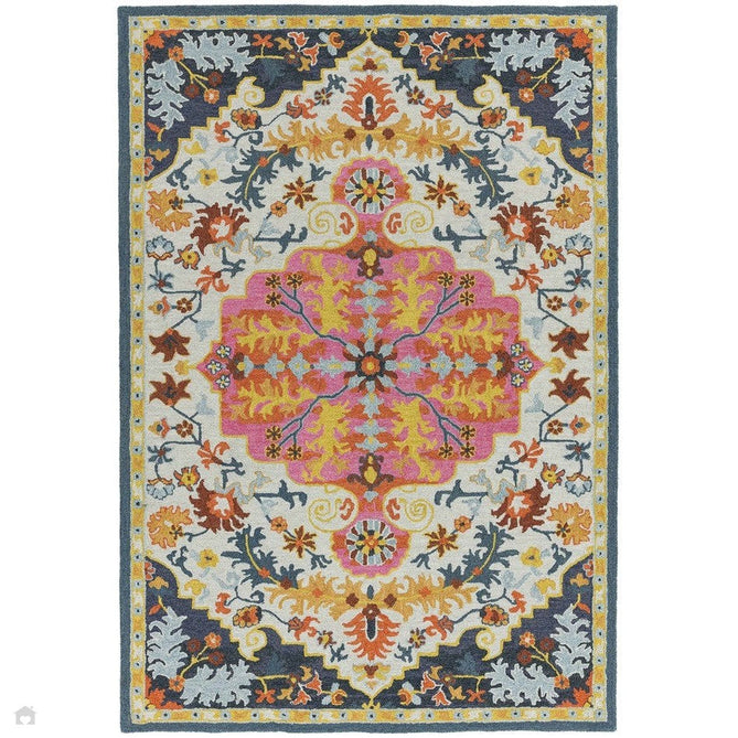 Bronte Traditional Persian Medallion Bordered Hand-Woven Textured Fine Loop Wool Pile Multicolour Rug-Asiatic Carpets-Rug Love - The Most Loved Rug Store