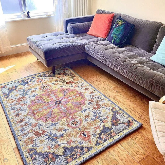 Bronte Traditional Persian Medallion Bordered Hand-Woven Textured Fine Loop Wool Pile Multicolour Rug-Asiatic Carpets-Rug Love - The Most Loved Rug Store