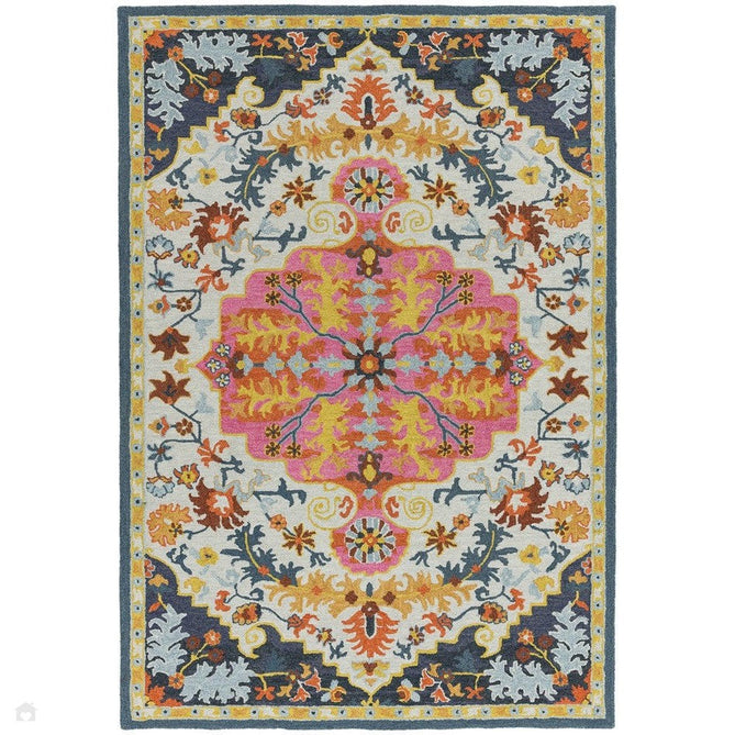 Bronte Traditional Persian Medallion Bordered Hand-Woven Textured Fine Loop Wool Pile Multicolour Rug-Asiatic Carpets-Rug Love - The Most Loved Rug Store