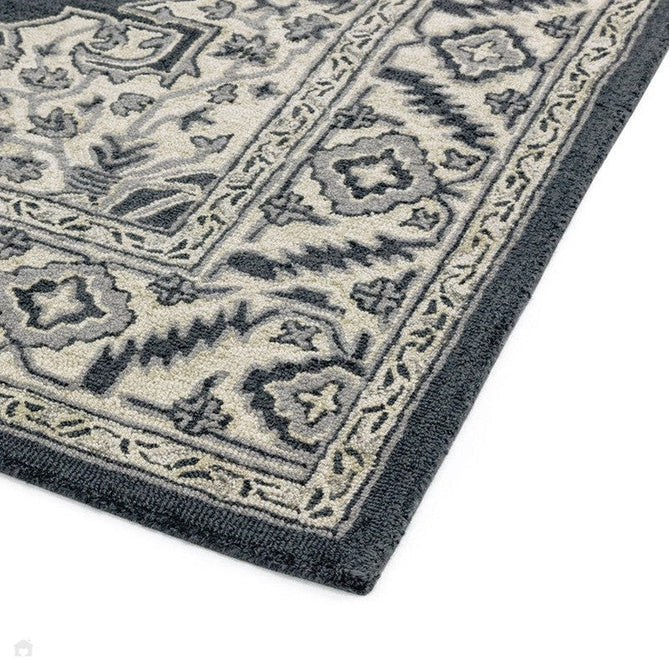 Bronte Traditional Persian Medallion Bordered Hand-Woven Textured Fine Loop Wool Pile Shadow Dark Grey/Beige/Cream Rug-Asiatic Carpets-Rug Love - The Most Loved Rug Store