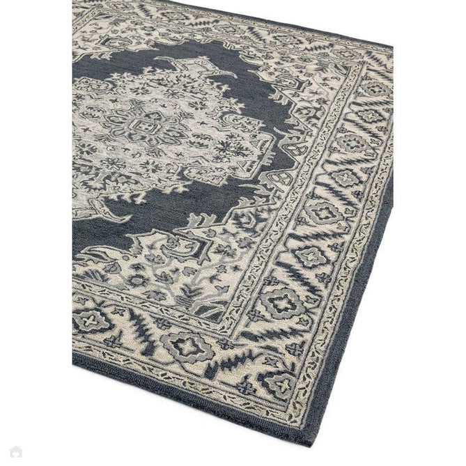 Bronte Traditional Persian Medallion Bordered Hand-Woven Textured Fine Loop Wool Pile Shadow Dark Grey/Beige/Cream Rug-Asiatic Carpets-Rug Love - The Most Loved Rug Store