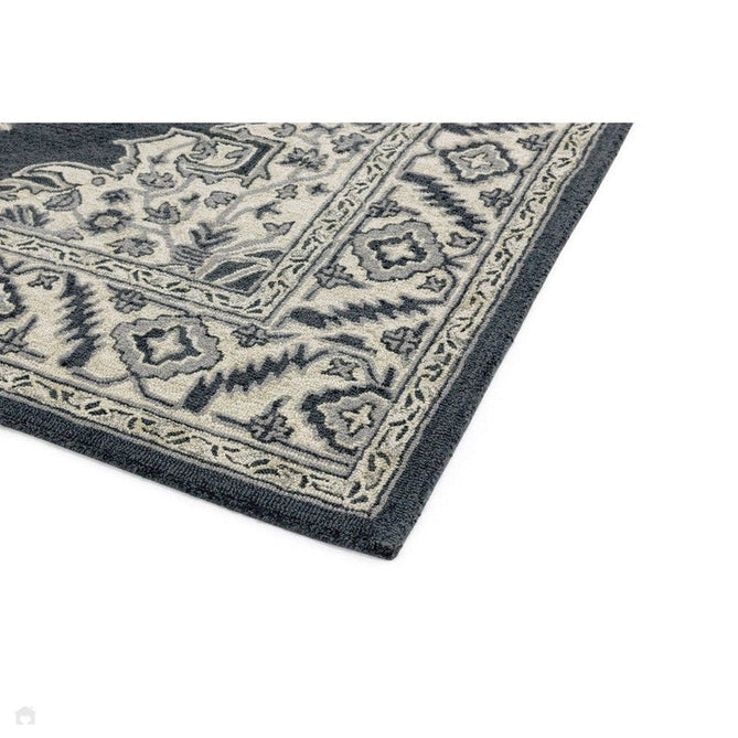 Bronte Traditional Persian Medallion Bordered Hand-Woven Textured Fine Loop Wool Pile Shadow Dark Grey/Beige/Cream Rug-Asiatic Carpets-Rug Love - The Most Loved Rug Store