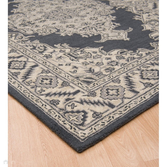 Bronte Traditional Persian Medallion Bordered Hand-Woven Textured Fine Loop Wool Pile Shadow Dark Grey/Beige/Cream Rug-Asiatic Carpets-Rug Love - The Most Loved Rug Store