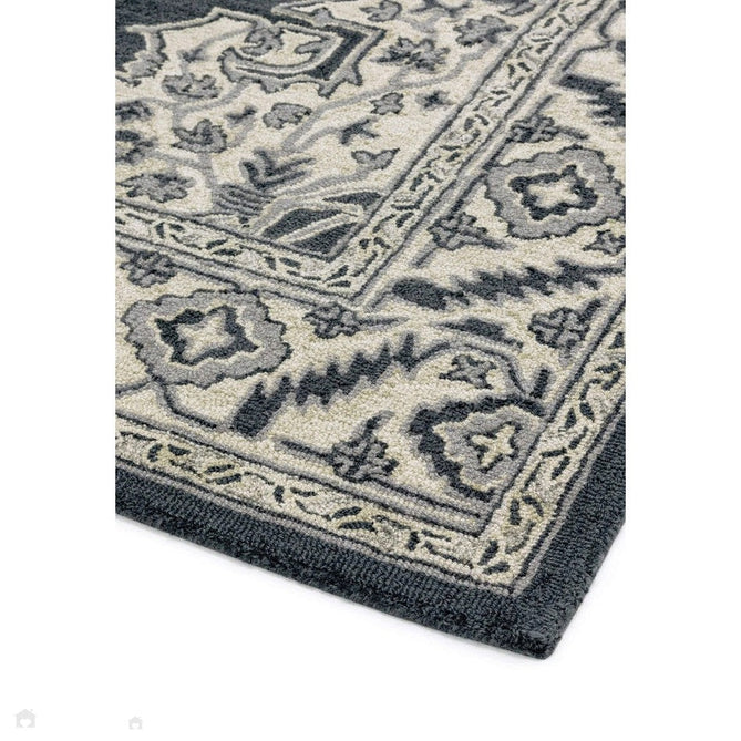 Bronte Traditional Persian Medallion Bordered Hand-Woven Textured Fine Loop Wool Pile Shadow Dark Grey/Beige/Cream Rug-Asiatic Carpets-Rug Love - The Most Loved Rug Store