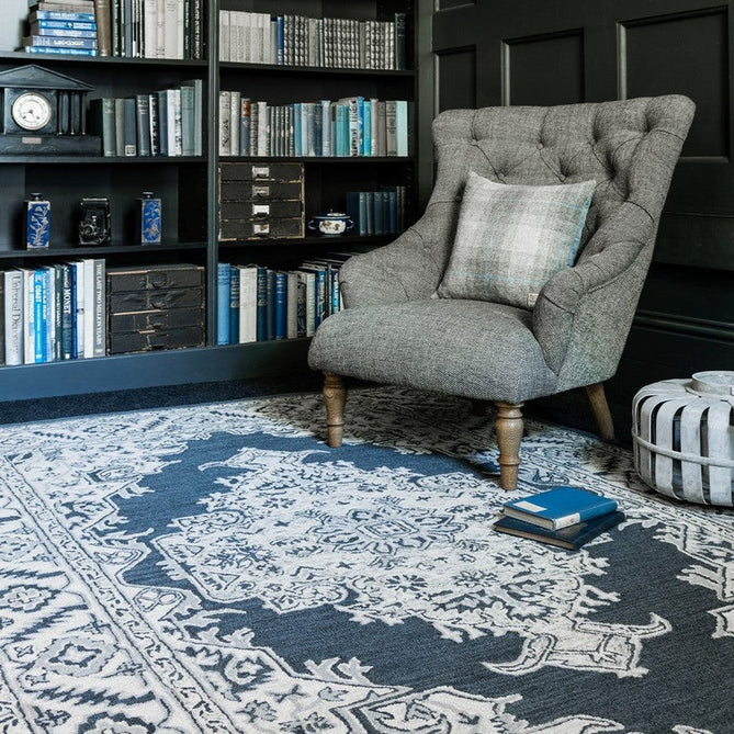 Bronte Traditional Persian Medallion Bordered Hand-Woven Textured Fine Loop Wool Pile Shadow Dark Grey/Beige/Cream Rug-Asiatic Carpets-Rug Love - The Most Loved Rug Store