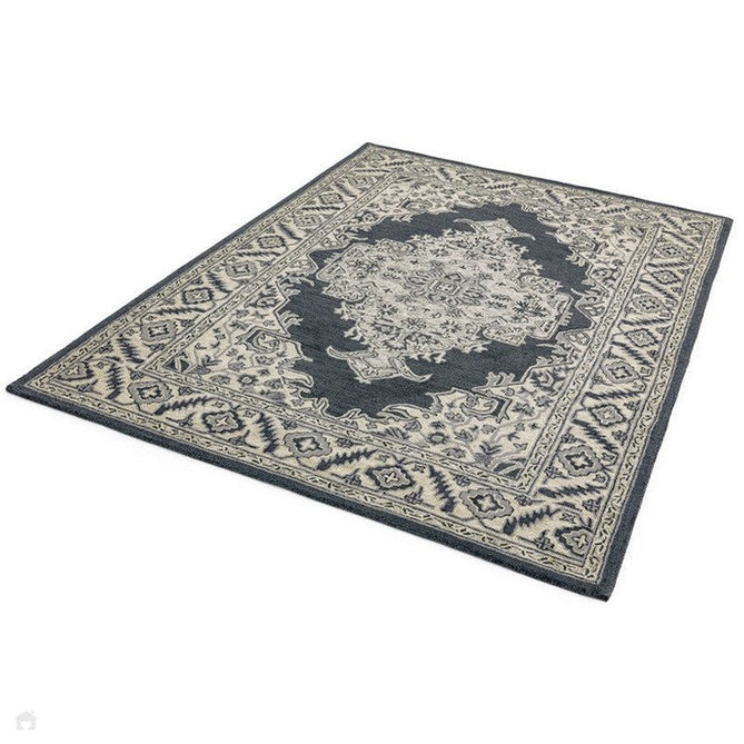 Bronte Traditional Persian Medallion Bordered Hand-Woven Textured Fine Loop Wool Pile Shadow Dark Grey/Beige/Cream Rug-Asiatic Carpets-Rug Love - The Most Loved Rug Store