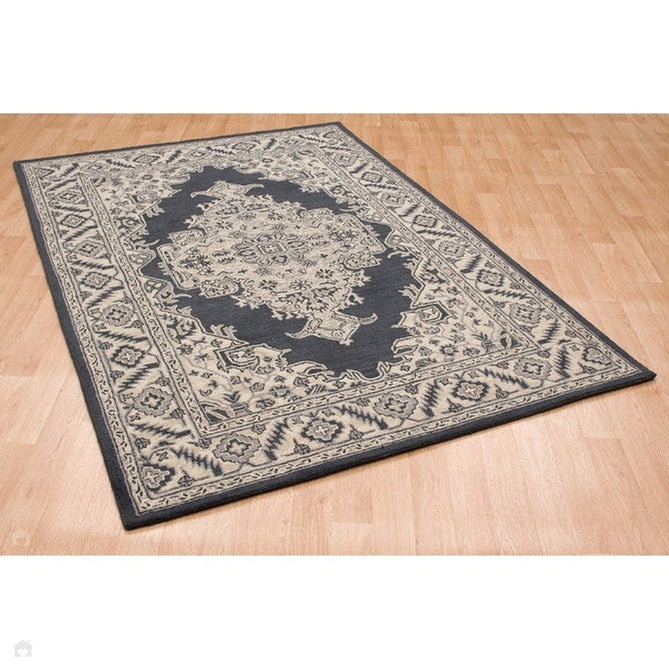 Bronte Traditional Persian Medallion Bordered Hand-Woven Textured Fine Loop Wool Pile Shadow Dark Grey/Beige/Cream Rug-Asiatic Carpets-Rug Love - The Most Loved Rug Store