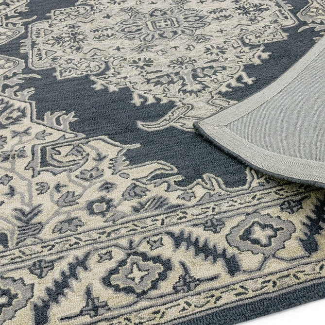 Bronte Traditional Persian Medallion Bordered Hand-Woven Textured Fine Loop Wool Pile Shadow Dark Grey/Beige/Cream Rug-Asiatic Carpets-Rug Love - The Most Loved Rug Store