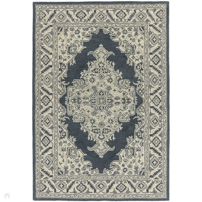 Bronte Traditional Persian Medallion Bordered Hand-Woven Textured Fine Loop Wool Pile Shadow Dark Grey/Beige/Cream Rug-Asiatic Carpets-Rug Love - The Most Loved Rug Store