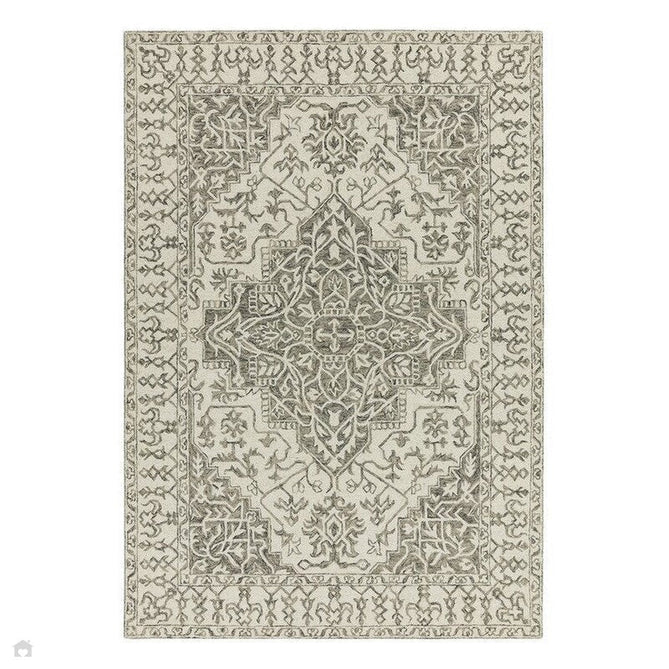 Bronte Traditional Persian Medallion Bordered Hand-Woven Textured Fine Loop Wool Pile Smoke Grey/Dark Beige/Taupe/Cream Rug-Asiatic Carpets-Rug Love - The Most Loved Rug Store