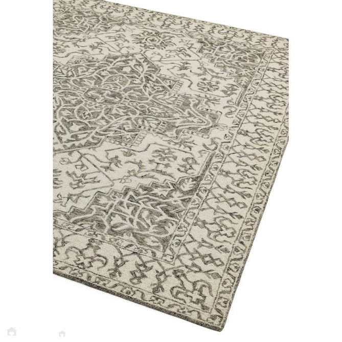 Bronte Traditional Persian Medallion Bordered Hand-Woven Textured Fine Loop Wool Pile Smoke Grey/Dark Beige/Taupe/Cream Rug-Asiatic Carpets-Rug Love - The Most Loved Rug Store