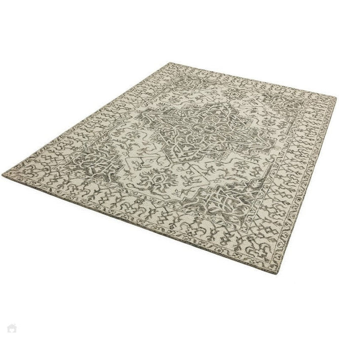 Bronte Traditional Persian Medallion Bordered Hand-Woven Textured Fine Loop Wool Pile Smoke Grey/Dark Beige/Taupe/Cream Rug-Asiatic Carpets-Rug Love - The Most Loved Rug Store