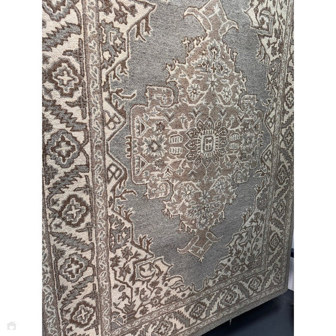 Bronte Traditional Persian Medallion Bordered Hand-Woven Textured Fine Loop Wool Pile Smoke Grey/Dark Beige/Taupe/Cream Rug-Asiatic Carpets-Rug Love - The Most Loved Rug Store