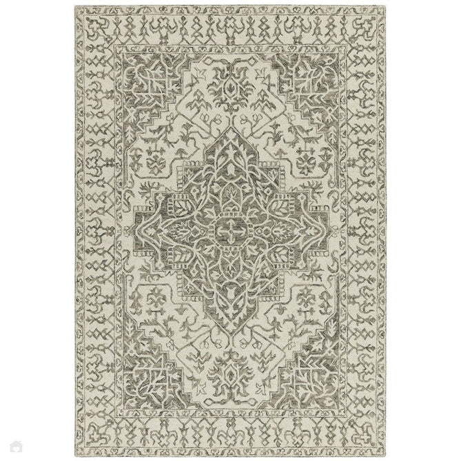 Bronte Traditional Persian Medallion Bordered Hand-Woven Textured Fine Loop Wool Pile Smoke Grey/Dark Beige/Taupe/Cream Rug-Asiatic Carpets-Rug Love - The Most Loved Rug Store