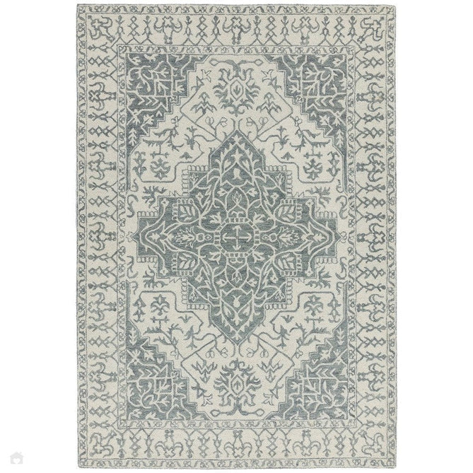 Bronte Traditional Persian Medallion Bordered Hand-Woven Textured Fine Loop Wool Pile Wool Silver/Grey/Cream Rug-Asiatic Carpets-Rug Love - The Most Loved Rug Store