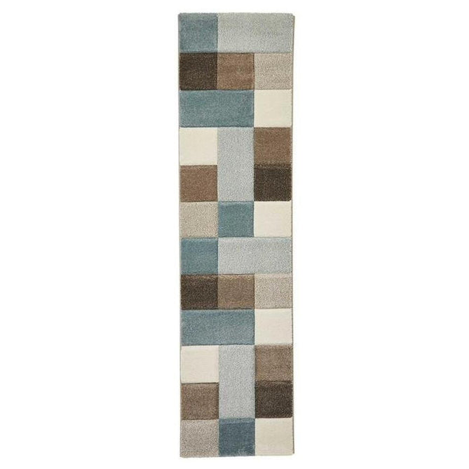 Brooklyn 646 Modern Geometric Tile Blocks Soft Hand-Carved Beige/Blue/Cream Runner-Think Rugs-Rug Love - The Most Loved Rug Store