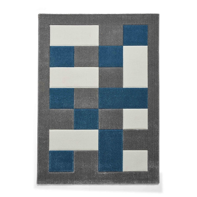 Brooklyn BRK04 Modern Geometric Patchwork Blocks Border Soft Hand-Carved Grey/Blue/Cream Rug-Think Rugs-Rug Love - The Most Loved Rug Store